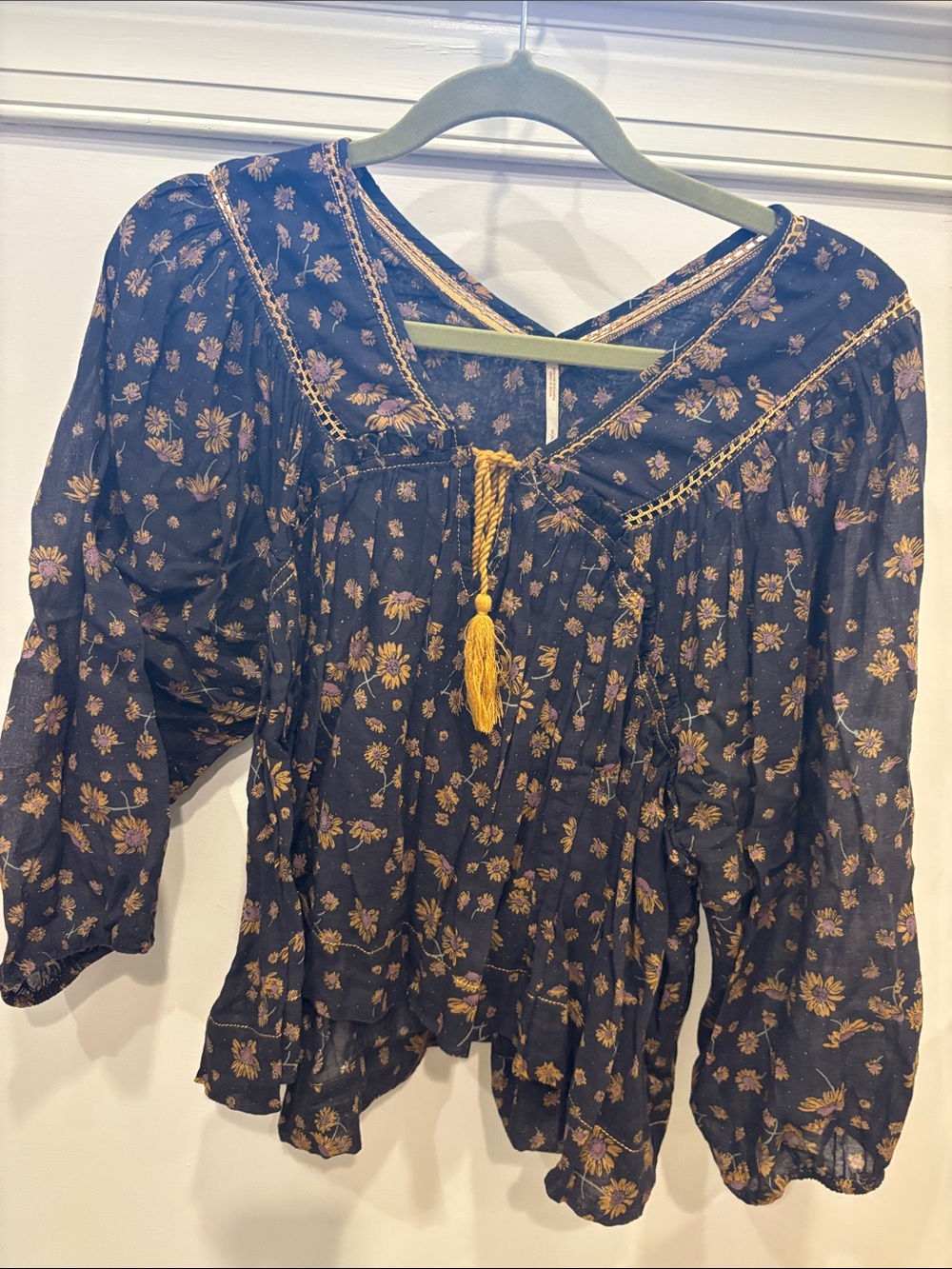 Free People black sunflower Peasant Blouse with Tassel